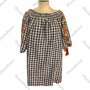 Skies are Blue, Large, Blue and white checkered gingham embroidered blouse